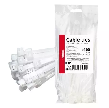 AMIO ΔΕΜΑΤΙΚΑ/ΔΕΤΙΚΑ ΚΑΛΩΔΙΩΝ TIE WRAP (ΤΑΙΡΑΠ) 4.8 x 200mm (ΛΕΥΚΟ)  ΑΜΙΟ - 100 ΤΕΜ. 04310/AM 