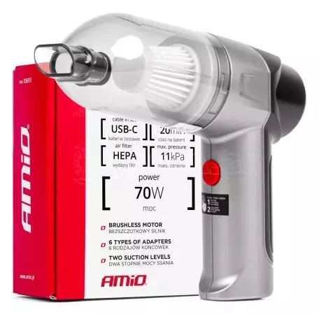 AMIO ΗΛΕΚΤΡΙΚΟ ΣΚΟΥΠΑΚΙ ΧΕΙΡΟΣ ΑΣΥΡΜΑΤΟ 70W ΜΕ 6 ΑΚΡΟΦΥΣΙΑ ΚΑΘΑΡΙΣΜΟΥ ΚΑΙ ΚΑΛΩΔΙΟ USB-C  AMIO - 1 Τεμ. 03693/AM 