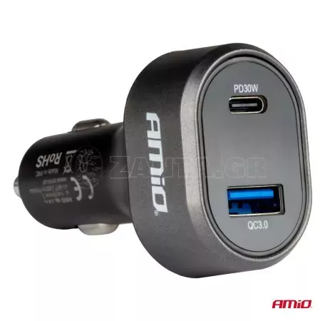 AMIO ΦΟΡΤΙΣΤΗΣ ΑΝΑΠΤΗΡΑ ΜΕ 2 ΘΥΡΕΣ USB-C+USB-A QUICK CHARGE 3.0 30W ΜΕ ΒΟΛΤΟΜΕΤΡΟ ΜΑΥΡΟ AMIO - 1 Τεμ. 04178/AM 