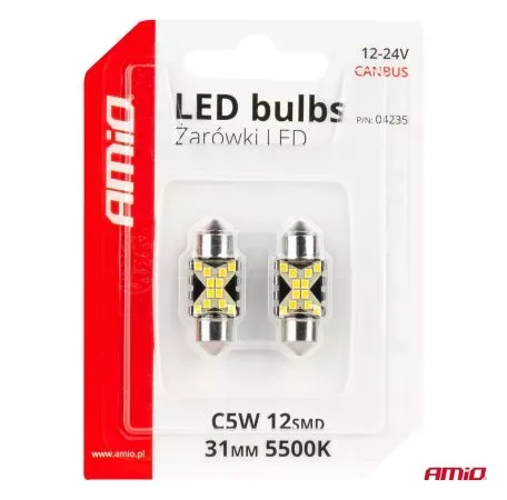 AMIO ΛΑΜΠΑΚΙΑ ΠΛΑΦΟΝΙΕΡΑΣ 31mm 12/24V C5W 5500K 12xSMD 2016 CAN-BUS FESTOON (ΛΕΥΚΟ) ΑΜΙΟ - 2 ΤΕΜ. 04235/AM 