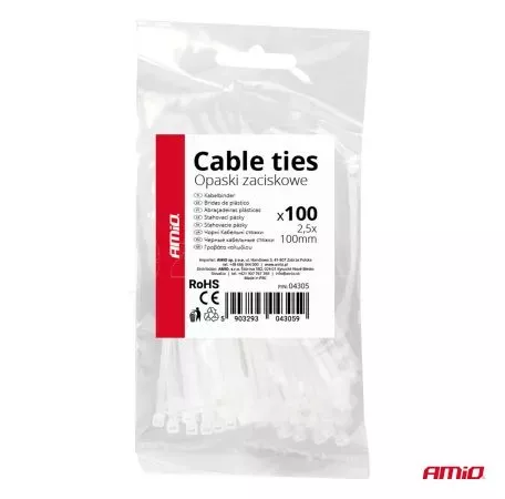 AMIO ΔΕΜΑΤΙΚΑ/ΔΕΤΙΚΑ ΚΑΛΩΔΙΩΝ TIE WRAP (ΤΑΙΡΑΠ) 2.5 x 100mm (ΛΕΥΚΟ)  ΑΜΙΟ - 100 ΤΕΜ. 04305/AM 