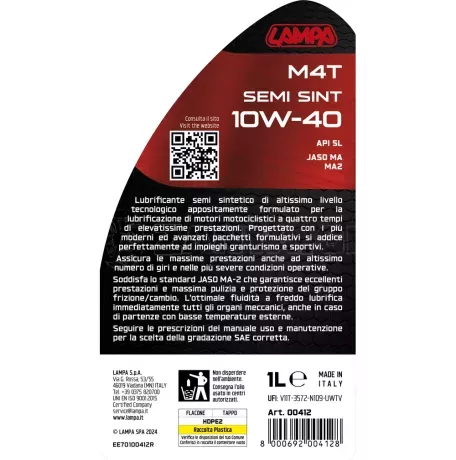 Lampa ΛΑΔΙ ΚΙΝΗΤΗΡΑ 10W-40 M4T SEMI SINT ΗΜΙΣΥΝΘΕΤΙΚΟ MOTO 4 TEMPI 1L LAMPA - 1 ΤΕΜ. L0041.2 