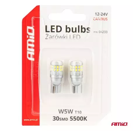 AMIO ΛΑΜΠΑΚΙΑ T10 W5W 12V/24V LED CAN-BUS 30xSMD 2016 ΛΕΥΚΟ 5500K ΑΜΙΟ - 2 ΤΕΜ. 04233/AM 