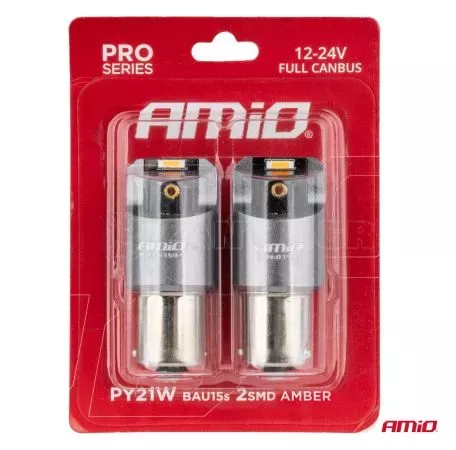 AMIO ΛΑΜΠΑΚΙΑ PY21W BAU15s 12/24V 6.000K 2xSMD LED FULL CAN-BUS ΠΟΡΤΟΚΑΛΙ PRO SERIES AMIO - 2 Τεμ. 03594/AM 
