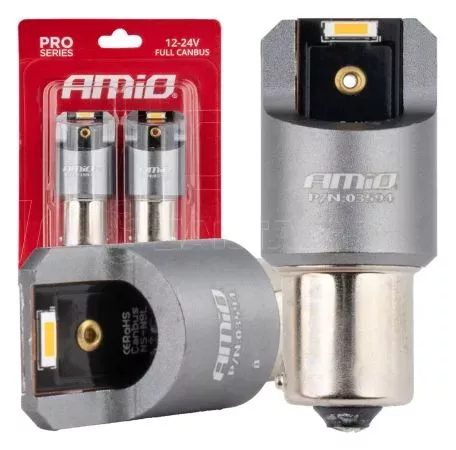 AMIO ΛΑΜΠΑΚΙΑ PY21W BAU15s 12/24V 6.000K 2xSMD LED FULL CAN-BUS ΠΟΡΤΟΚΑΛΙ PRO SERIES AMIO - 2 Τεμ. 03594/AM 