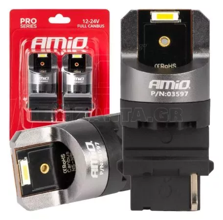 AMIO ΛΑΜΠΑΚΙΑ P27W 12/24V 6.000K 2SMD LED FULL CAN-BUS ΛΕΥΚΟ PRO SERIES AMIO - 2 Τεμ. 03597/AM 