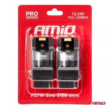 AMIO ΛΑΜΠΑΚΙΑ P27W 12/24V 6.000K 2SMD LED FULL CAN-BUS ΛΕΥΚΟ PRO SERIES AMIO - 2 Τεμ. 03597/AM 