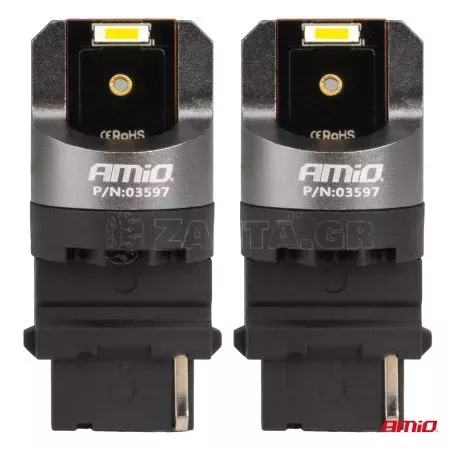AMIO ΛΑΜΠΑΚΙΑ P27W 12/24V 6.000K 2SMD LED FULL CAN-BUS ΛΕΥΚΟ PRO SERIES AMIO - 2 Τεμ. 03597/AM 