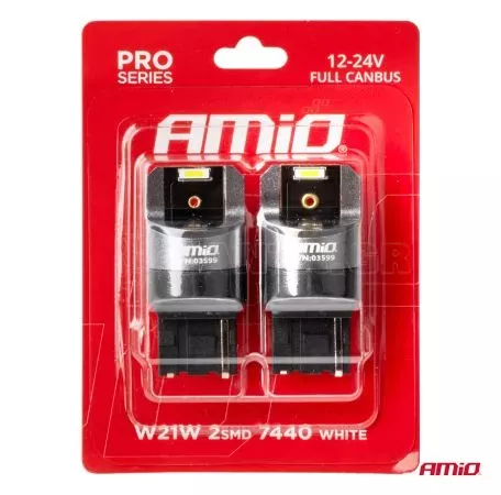 AMIO ΛΑΜΠΑΚΙΑ W21W 12/24V 6.000K 2SMD LED FULL CAN-BUS ΛΕΥΚΑ PRO SERIES AMIO - 2 Τεμ. 03599/AM 