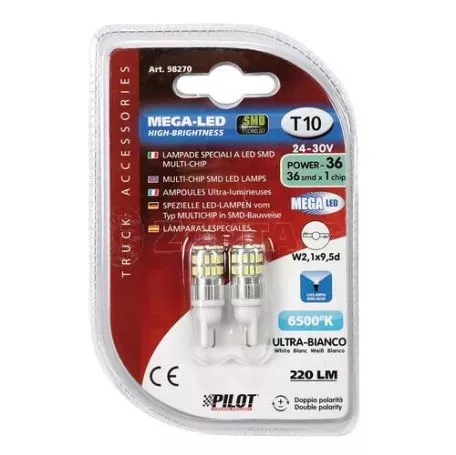 Lampa T10 24-28V W2,1x9,5d MEGA-LED36 220LM (ΔΙΠΛΗΣ ΠΟΛΙΚΟΤΗΤΑΣ) 2ΤΕΜ. L9827.0 