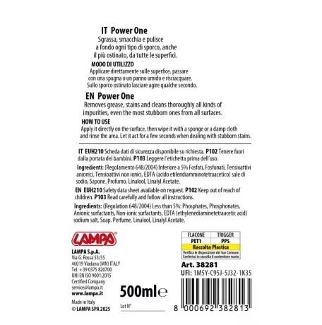 Lampa ΚΑΘΑΡΙΣΤΙΚΟ/ΑΠΟΛΙΠΑΝΤΙΚΟ ΥΓΡΟ ΣΕ ΣΠΡΕΙ POWER ONE PROFESSIONAL ΕΤΟΙΜΟ ΠΡΟΣ ΧΡΗΣΗ 500ml LAMPA - 1 ΤΕΜ. L3828.1 