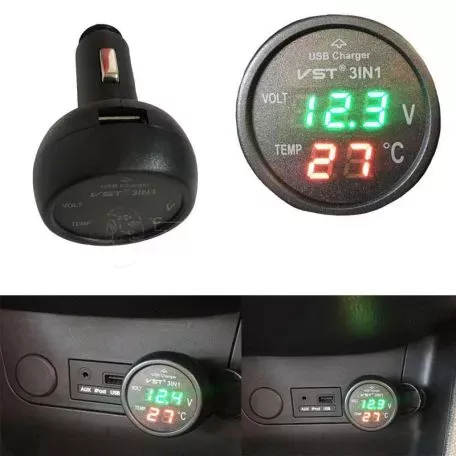 Βολτόμετρο - Θερμόμετρο Και Φορτιστής Usb Αυτοκινήτου Κόκκινα Και Πράσινα Νούμερα 99162 