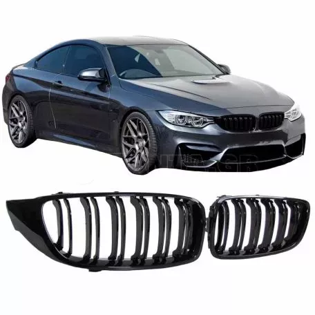 Καρδιές Μάσκας Για Bmw 4 F32 / F33 / F36 13-16 M4 Look Με Διπλή Γρίλια Μαύρο Γυαλιστερό 2 Τεμάχια 