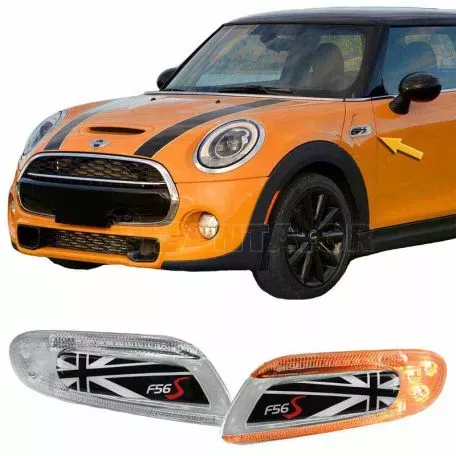 Πλαϊνά Φλας Φτερού Για Mini Cooper F56 13+ Union Jack Flag Black Led White 2 Τεμάχια 