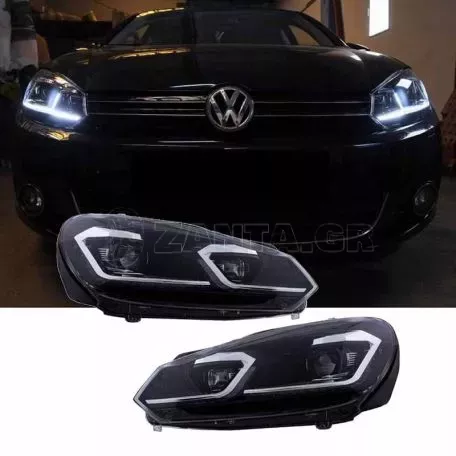 Μπροστινά Φανάρια Set Για Vw Golf VI (6) 08-12 DRL & Led Signal Dynamic Look Golf 7,5 Μαύρα Με ασημί Γραμμή H7 Με Μοτέρ Carner 