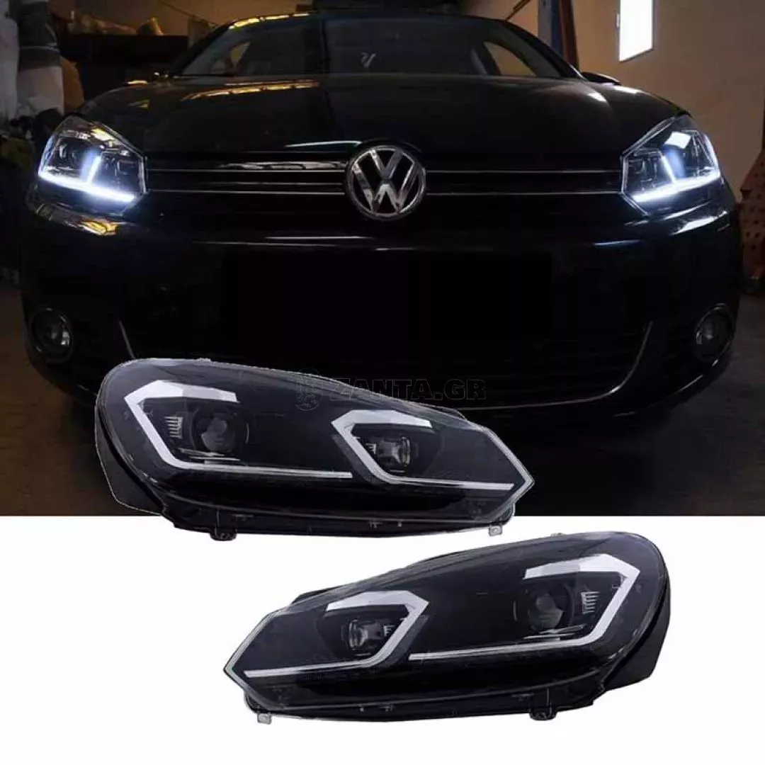 Μπροστινά Φανάρια Set Για Vw Golf VI (6) 08-12 DRL & Led Signal Dynamic Look Golf 7,5 Μαύρα Με ασημί Γραμμή H7 Με Μοτέρ Carner