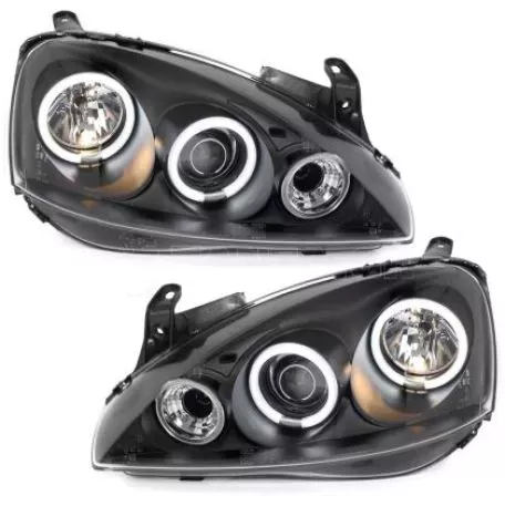 Φανάρια εμπρός angel eyes για Opel Corsa C (2001-2006) - μαύρα , με λάμπες (Η1) - σετ 2τμχ. 
