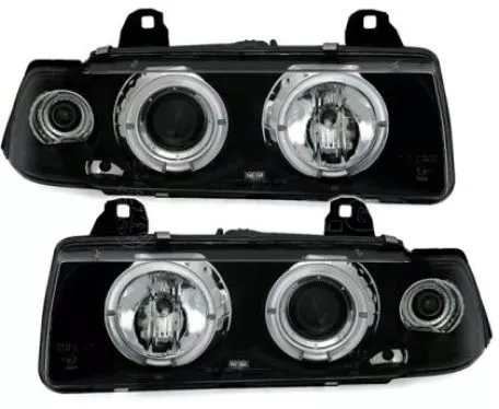 Φανάρια εμπρός angel eyes για BMW E36 (1991-1999) 4d sedan - black , με λάμπες (Η1) - σετ 2τμχ. 