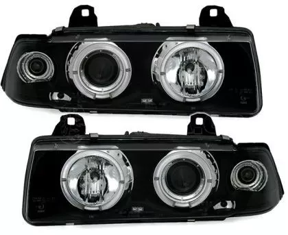 Φανάρια εμπρός angel eyes για BMW E36 (1991-1999) 4d sedan - black , με λάμπες (Η1) - σετ 2τμχ.