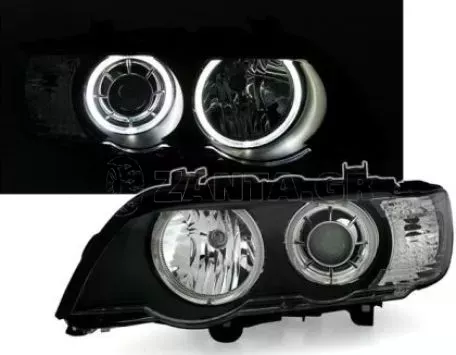 Φανάρια εμπρός angel eyes για BMW X5 με εργοστασιακά xenon (1999-2003) - μαύρα , χωρίς λάμπες (Η7) - σετ 2τμχ. 