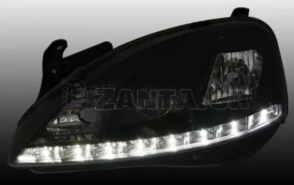 Φανάρια εμπρός led για Opel Corsa C (2001-2006) - μαύρα , με λάμπες (Η1) - σετ 2τμχ. 