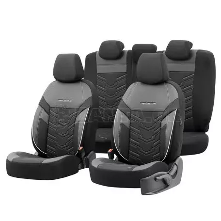 Καλύμματα Αυτοκινήτου Otom Reflective Design Universal Jacquard / Rachel / Δερματίνη Σετ Εμπρός / Πίσω 11 Τεμαχίων Μαύρο Με Άσπρη Ραφή RFL-2602 
