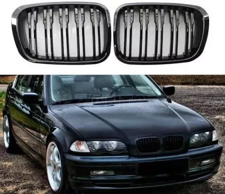 Καρδιές Μάσκας Για Bmw 3 E46 99-01 Sedan/Touring/Compact M4 Look Με Διπλή Γρίλια Μαύρο Γυαλιστερό 2 Τεμάχια 