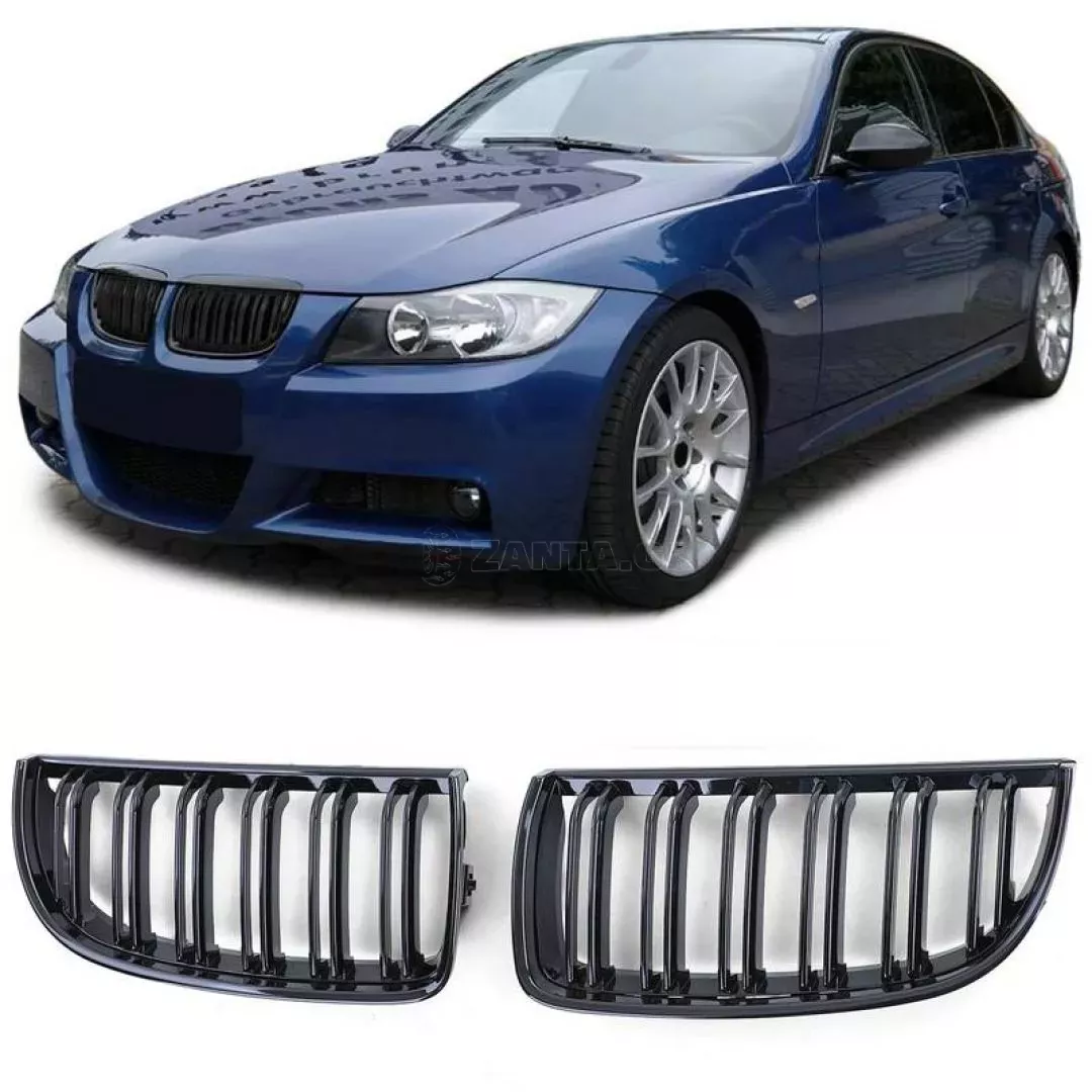 Καρδιές Μάσκας Για Bmw 3 E90 /E91 05-08 M4 Look Με Διπλή Γρίλια Μαύρο Γυαλιστερό 2 Τεμάχια