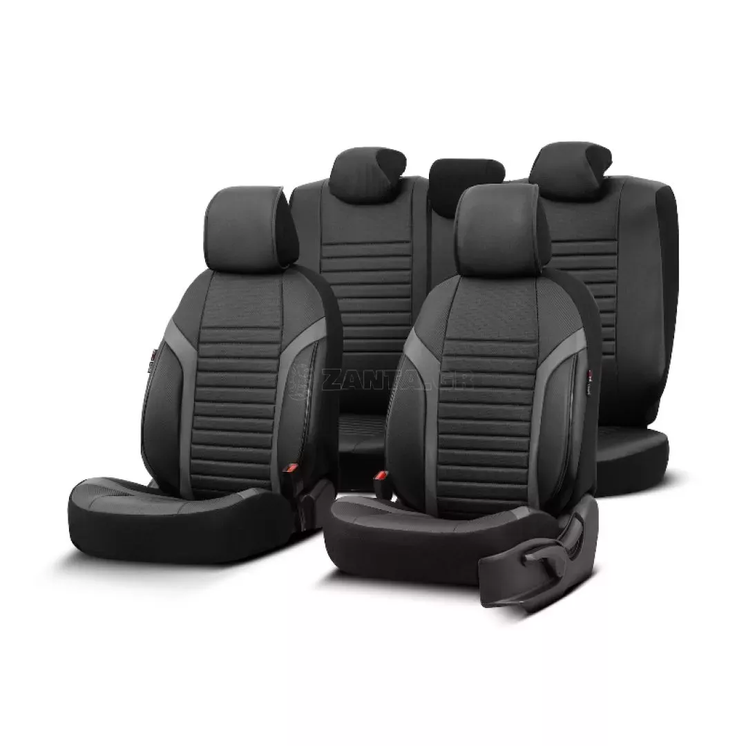 Καλύμματα Αυτοκινήτου Otom Coral Design Universal Full Δερματίνη Σετ Εμπρός / Πίσω 11 Τεμαχίων Μαύρο / Γκρι CRΑL-106