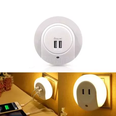 Φωτάκι Νυκτός Πρίζας LED 1W / 3000K Με 2 Θύρες USB & Αισθητήρα Φωτός Λευκό FOS_ME 17-00504 