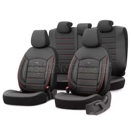 Καλύμματα Αυτοκινήτου Otom Inspire Design Universal Full Δερματίνη Σετ Εμπρός / Πίσω 11 Τεμαχίων Μαύρο Με Κόκκινη Ραφή INS-3503 