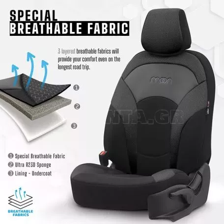 Καλύμματα Αυτοκινήτου Otom Moon Design Universal Βαμβακερό Ύφασμα / Rachel / Δερματίνη Σετ Εμπρός / Πίσω 11 Τεμαχίων Μαύρο MON-1901 
