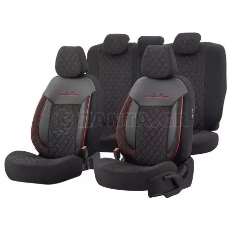 Καλύμματα Αυτοκινήτου Otom Comfortline VIP Design Universal Sued / Rachel / Δερματίνη Καπιτονέ Σετ Εμπρός / Πίσω 11 Τεμαχίων Μαύρο Με Κόκκινο Κέντημα CMV-231 