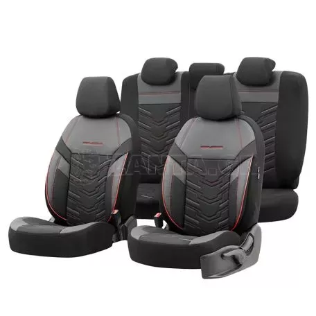 Καλύμματα Αυτοκινήτου Otom Reflective Design Universal Jacquard / Rachel / Δερματίνη Σετ Εμπρός / Πίσω 11 Τεμαχίων Μαύρο Με Κόκκινη Ραφή RFL-2601 