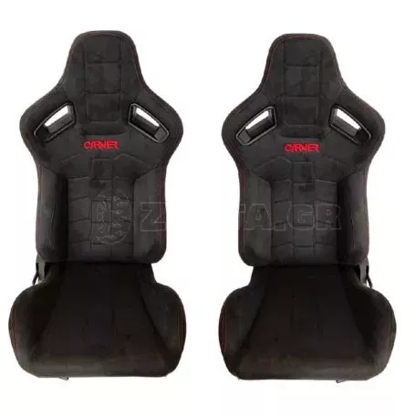 Καθίσματα Bucket R8 Suede Alcantara Μαύρο Με Κόκκινες Ραφές Και Carner Logo Ζευγάρι 2 Τεμαχίων 