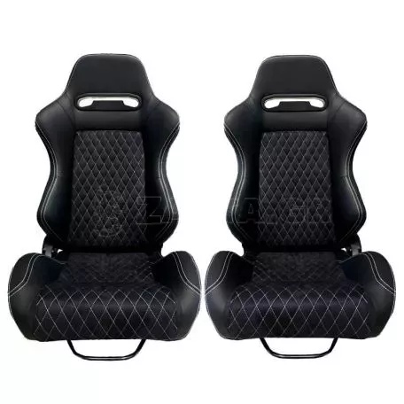 Καθίσματα Bucket Zeus Δερματίνη/Suede Alcantara Μαύρο Με Άσπρες Ραφές Σετ 2 Τεμαχίων 