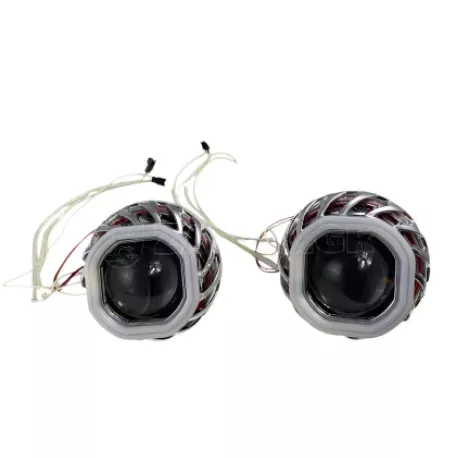 Bi xenon προτζέκτορες Morimoto Mini Spiral 2.5'' - με τετράγωνα δαχτυλίδια για angel eyes - μπλε μικρό και κόκκινο μεγάλο δαχτυλίδι  -2 τμχ. 