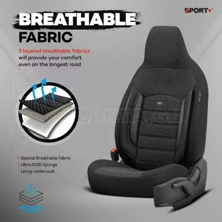 Καλύμματα Αυτοκινήτου Otom Sport Plus City Design Universal Βαμβακερό Ύφασμα / Rachel / Δερματίνη Σετ Εμπρός / Πίσω 11 Τεμαχίων  Με Ενσωματωμένα Προσκέφαλα Μαύρο SPTPLS-101CTY 