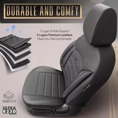 Καλύμματα Αυτοκινήτου Otom Inspire Design Universal Full Δερματίνη Σετ Εμπρός / Πίσω 11 Τεμαχίων Μαύρο Με Γκρι Ραφή INS-3502 