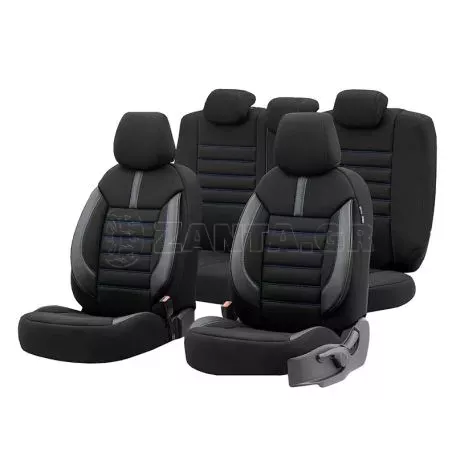 Καλύμματα Αυτοκινήτου Otom Limited Design Universal Jacquard / Lacost / Δερματίνη Σετ Εμπρός / Πίσω 11 Τεμαχίων Μαύρο Με Μπλε Ραφές LMT-103 