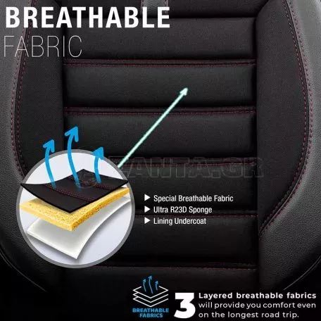 Καλύμματα Αυτοκινήτου Otom Limited Design Universal Jacquard / Lacost / Δερματίνη Σετ Εμπρός / Πίσω 11 Τεμαχίων Μαύρο Με Κόκκινες Ραφές LMT-101 