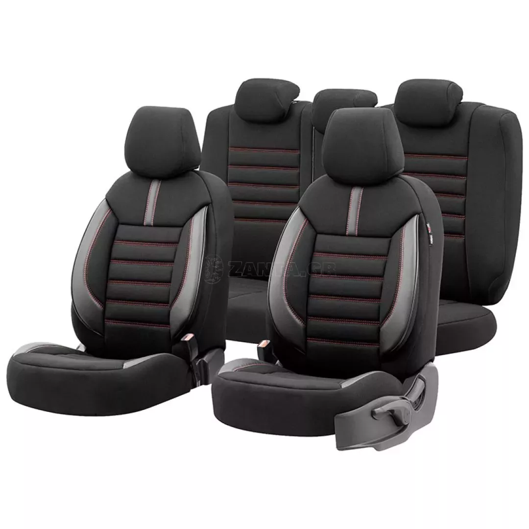 Καλύμματα Αυτοκινήτου Otom Limited Design Universal Jacquard / Lacost / Δερματίνη Σετ Εμπρός / Πίσω 11 Τεμαχίων Μαύρο Με Κόκκινες Ραφές LMT-101