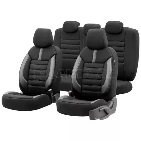 Καλύμματα Αυτοκινήτου Otom Limited Design Universal Jacquard / Lacost / Δερματίνη Σετ Εμπρός / Πίσω 11 Τεμαχίων Μαύρο Με Γκρι Ραφές LMT-102 