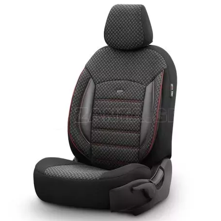 Καλύμματα Αυτοκινήτου Otom Sport Plus Design Universal Βαμβακερό Ύφασμα / Rachel / Δερματίνη Σετ Εμπρός / Πίσω 11 Τεμαχίων Μαύρο Με Κόκκινο Κέντημα SPTPLS-102 