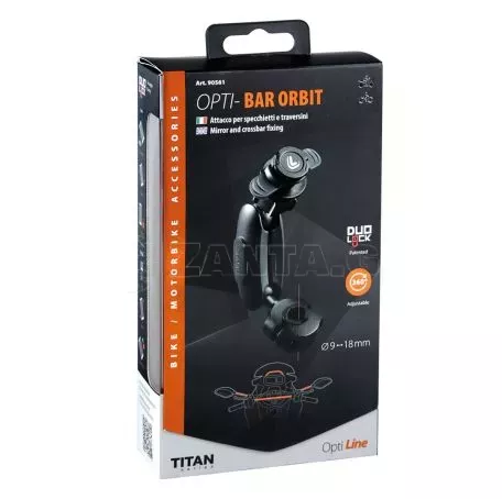 Optiline Βάση Στήριξης Κινητού Bar Orbit της σειράς Titan Optiline για Καθρέπτες ή Μπάρες Μηχανής ή Ποδηλάτου με διάμετρο από 9 mm έως 18 mm, επιμηκυμένο βραχίονα και σύστημα Duolo 
