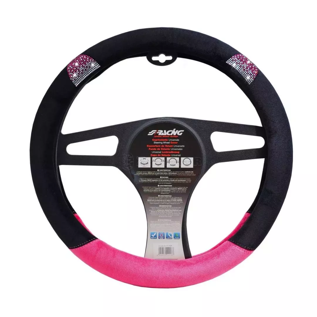 Simoni Racing ΚΑΛΥΜΜΑ ΤΙΜΟΝΙΟΥ PUSSY CAT ΜΕ STRASS ΜΑΥΡΟ/ΡΟΖ ΥΦΑΣΜΑΤΙΝΟ 37-39cm SIMONI RACING - 1 τεμ. SRCVT/76P