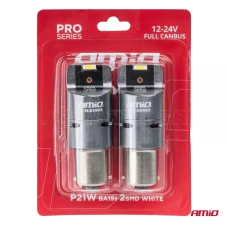 AMIO ΛΑΜΠΕΣ P21W BA15S 12/24V 6.000K 2xSMD LED FULL CAN-BUS (ΜΕ ΑΝΕΜΙΣΤΗΡΑΚΙ) ΛΕΥΚΟ PRO SERIES AMIO - 2 ΤΕΜ. 03603/AM 