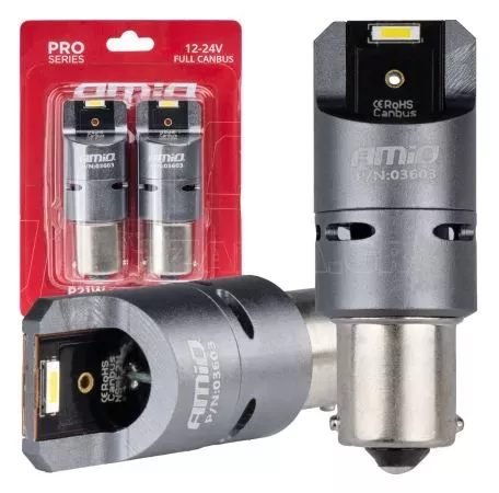 AMIO ΛΑΜΠΕΣ P21W BA15S 12/24V 6.000K 2xSMD LED FULL CAN-BUS (ΜΕ ΑΝΕΜΙΣΤΗΡΑΚΙ) ΛΕΥΚΟ PRO SERIES AMIO - 2 ΤΕΜ. 03603/AM 