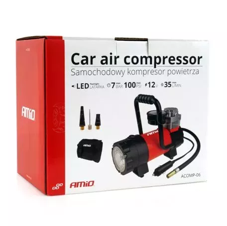 AMIO ΚΟΜΠΡΕΣΕΡ ΑΕΡΑ ΕΛΑΣΤΙΚΩΝ ΜΕΤΑΛΛΙΚΟΣ ACOMP-06 12V 100psi 7bar 28l/min ΜΕ ΦΙΣ ΑΝΑΠΤΗΡΑ & ΚΑΛΩΔΙΟ 300cm & ΦΑΚΟ LED AMiO - 1 ΤΕΜ. 02180/AM 