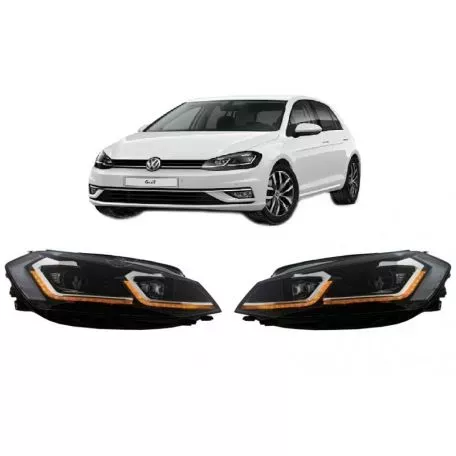 Μπροστινά Φανάρια Set Για Vw Golf 7.5 17-19 Facelift DRL & Dynamic Signal Μαύρα Με Χρώμιο Γραμμή H7 Με Μοτέρ Carner 